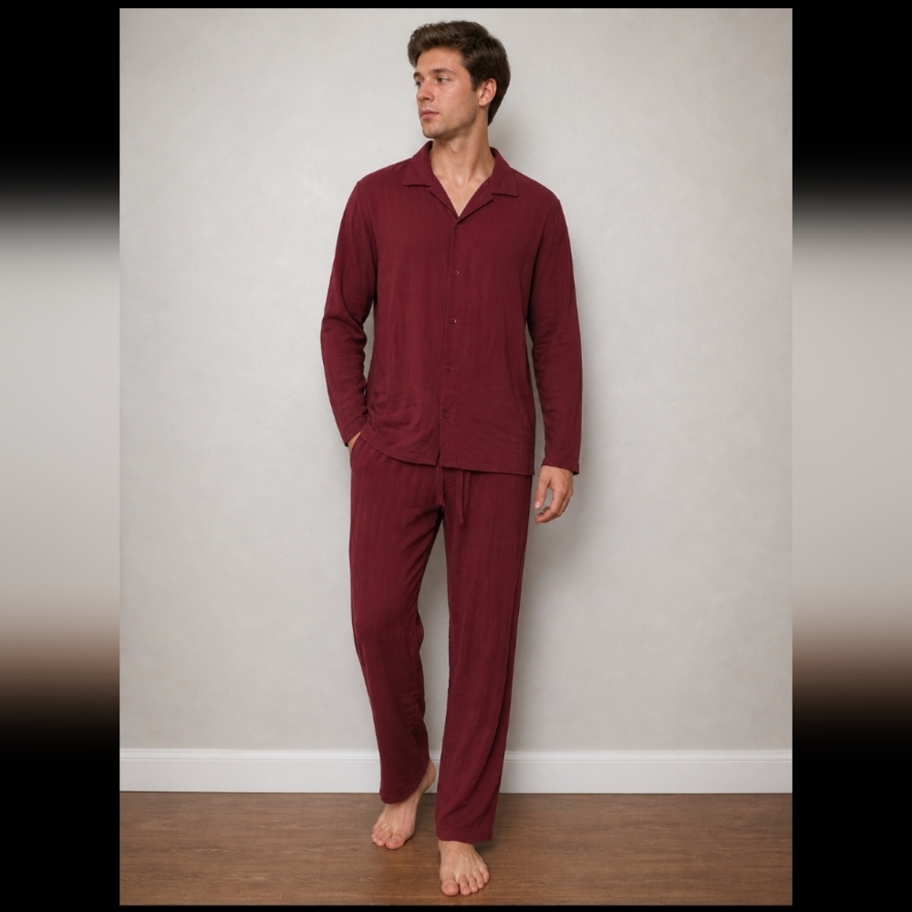 Men's 2 Piece Set Long Top & Pants Sleeve Slim Fit Button Up Collared